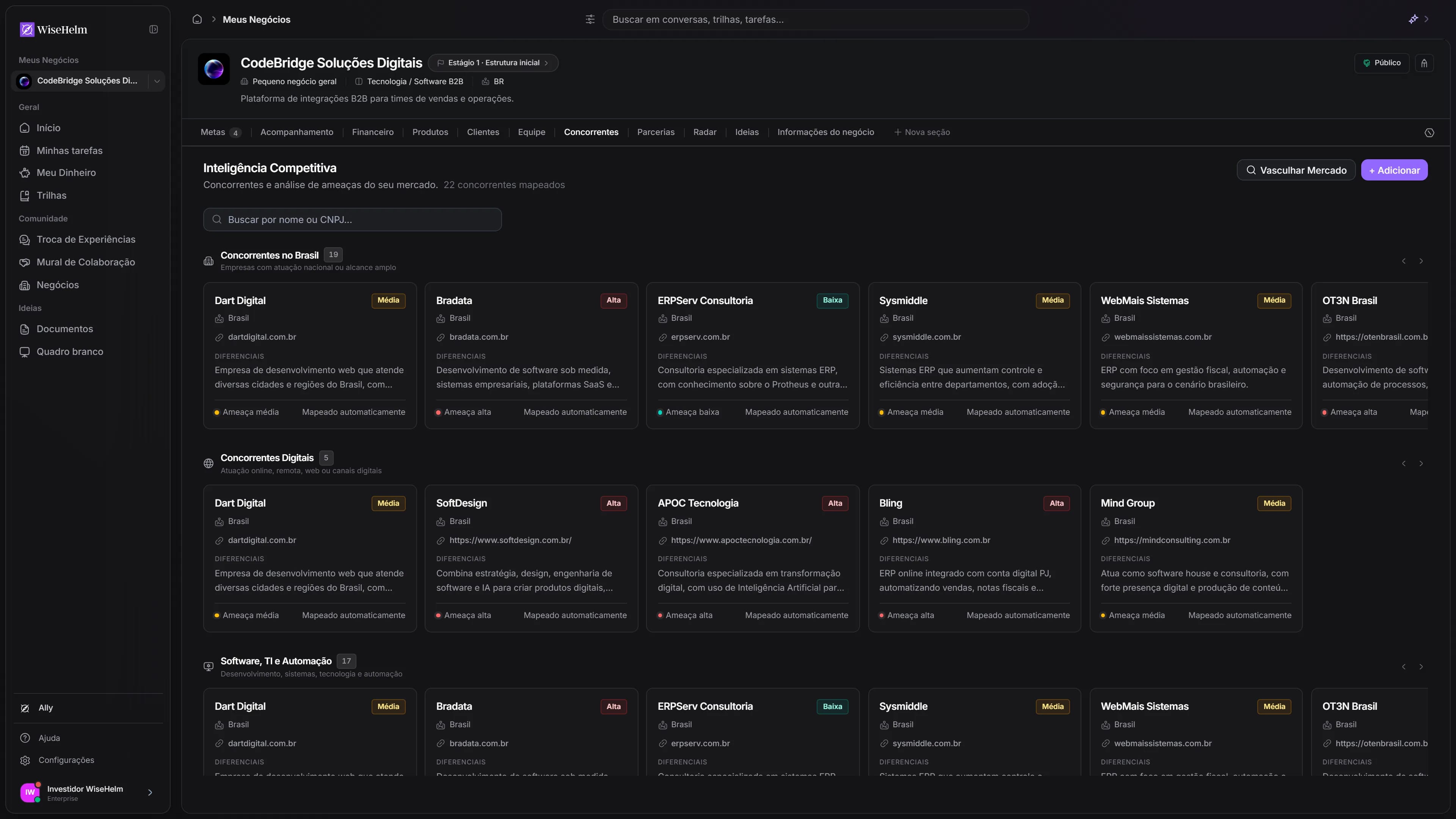 Aba Pesquisa de Mercado do WiseHelm com registros enriquecidos por CNPJ