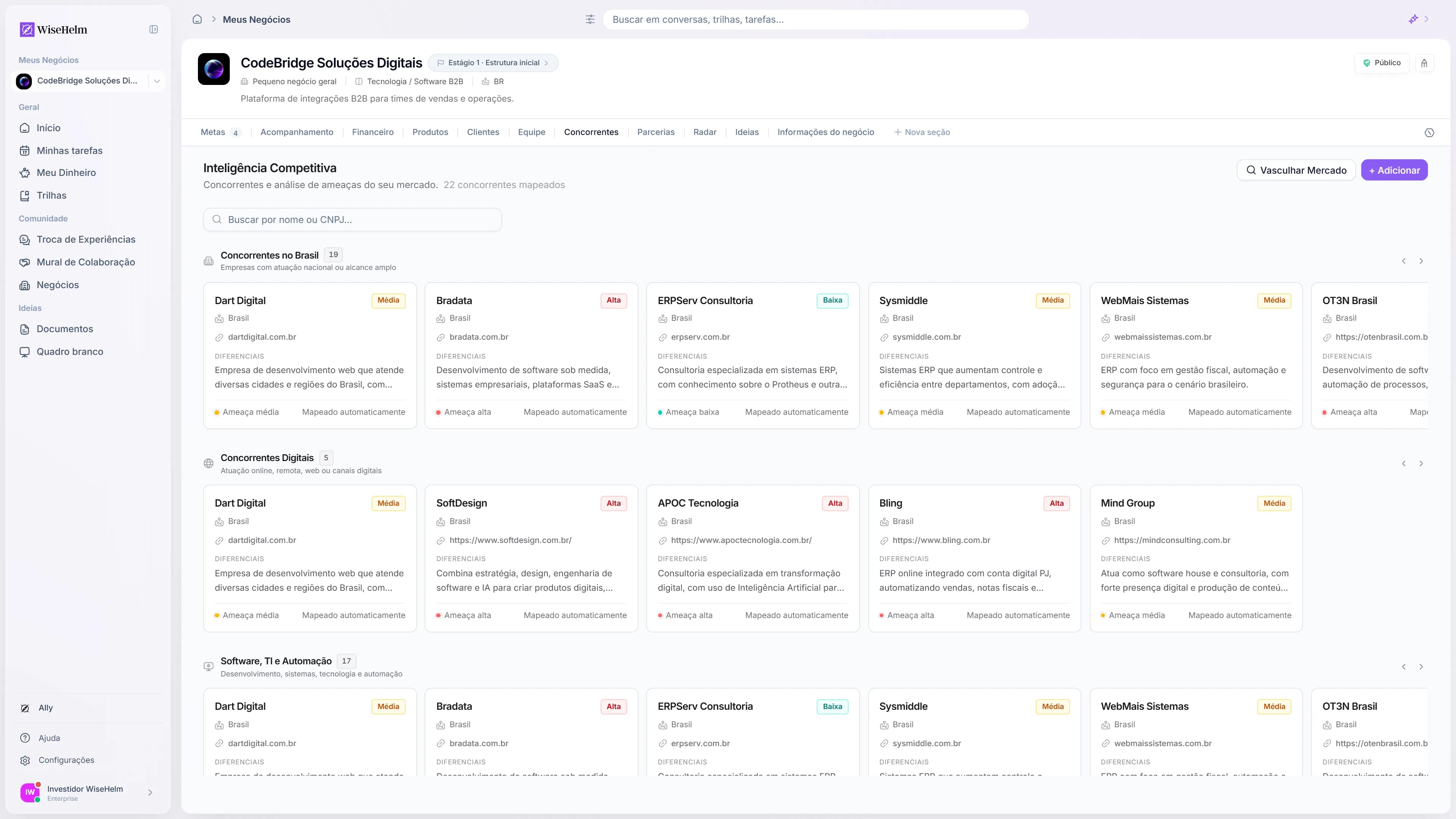 Aba Pesquisa de Mercado do WiseHelm com registros enriquecidos por CNPJ