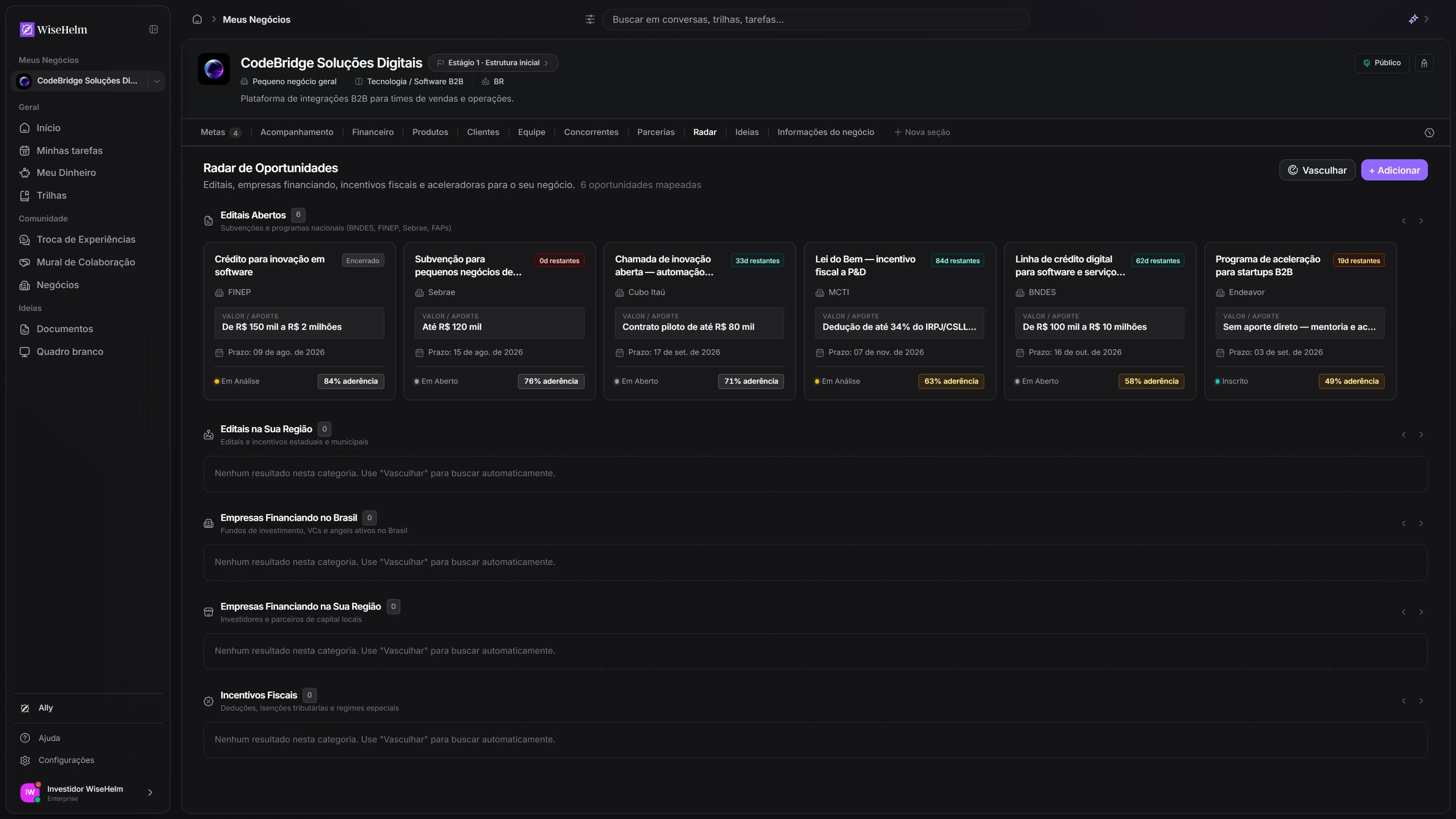 Aba Radar do WiseHelm com a varredura de mercado do setor