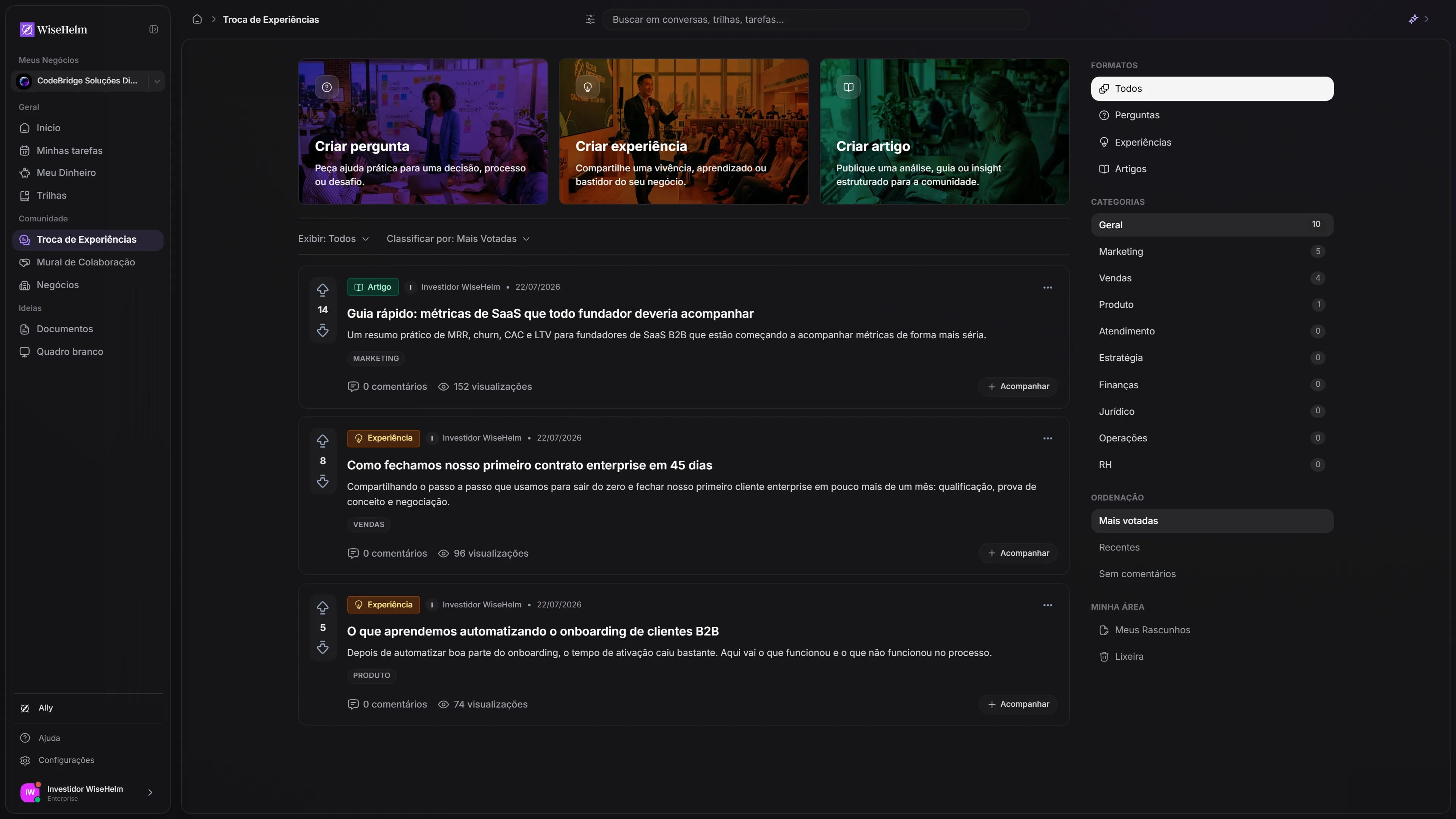 Fórum Troca de Experiências do WiseHelm com discussões entre fundadores