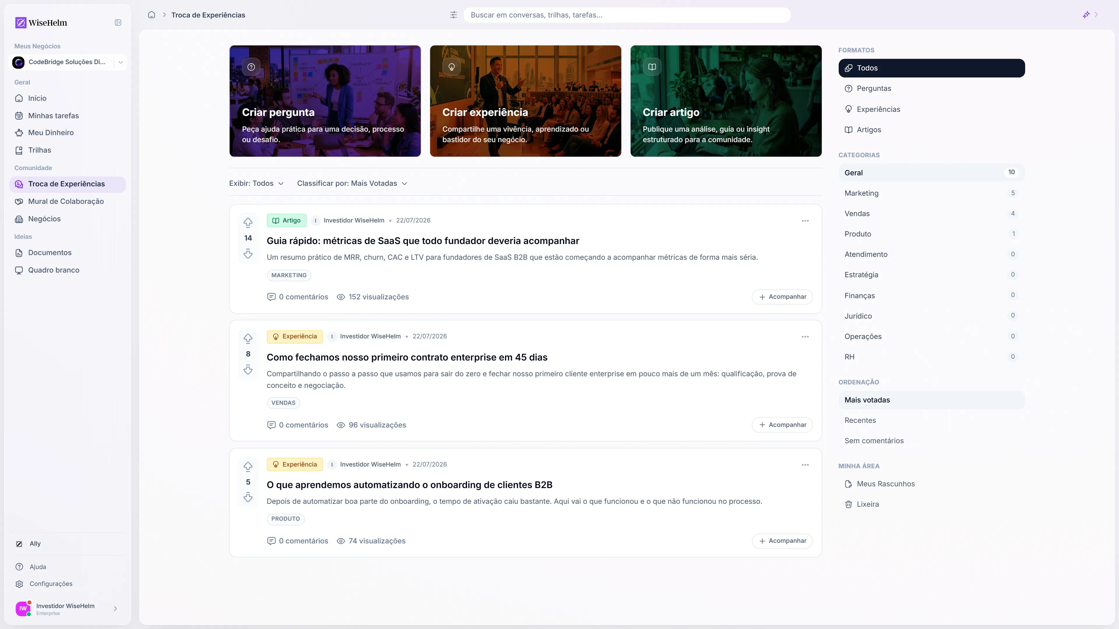 Fórum Troca de Experiências do WiseHelm com discussões entre fundadores