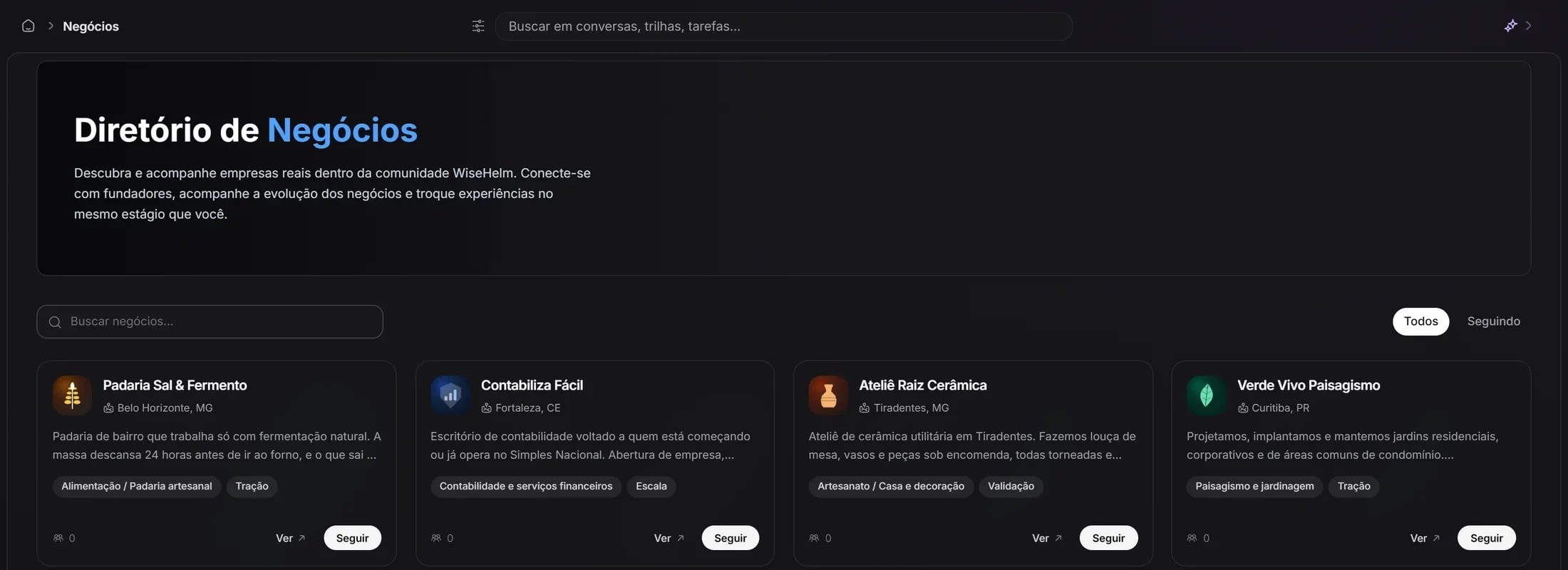 Tela Diretório de Negócios: cards de empresas da comunidade com cidade, setor, estágio e botão de seguir.