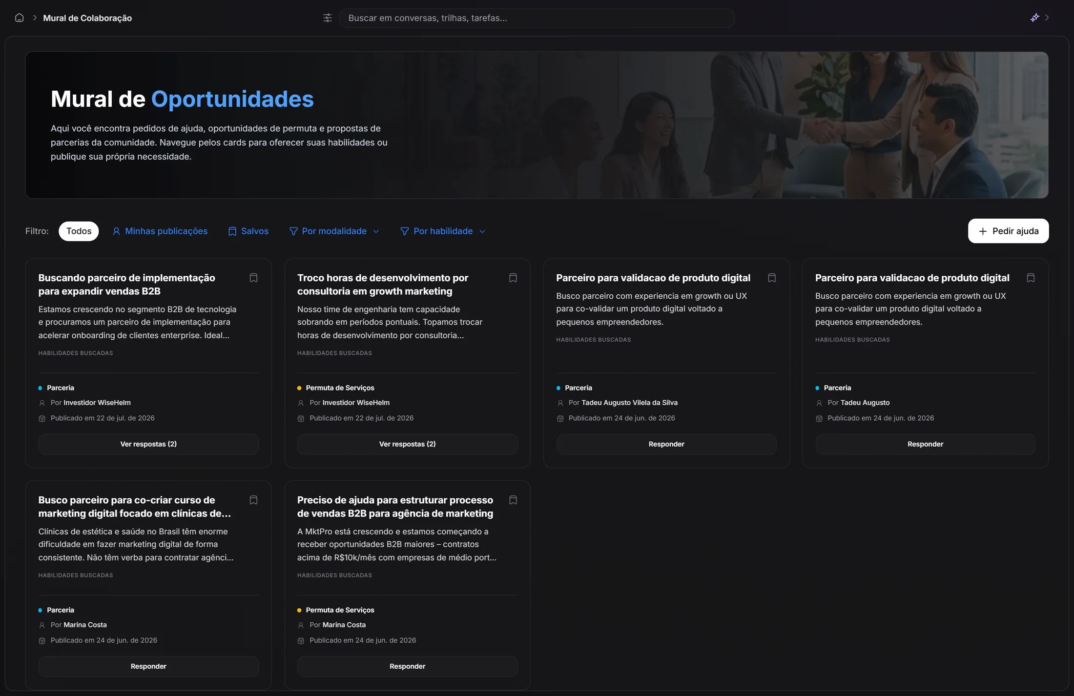 Tela Mural de Colaboração: cards de pedidos com modalidade, autor, data e botão de responder.