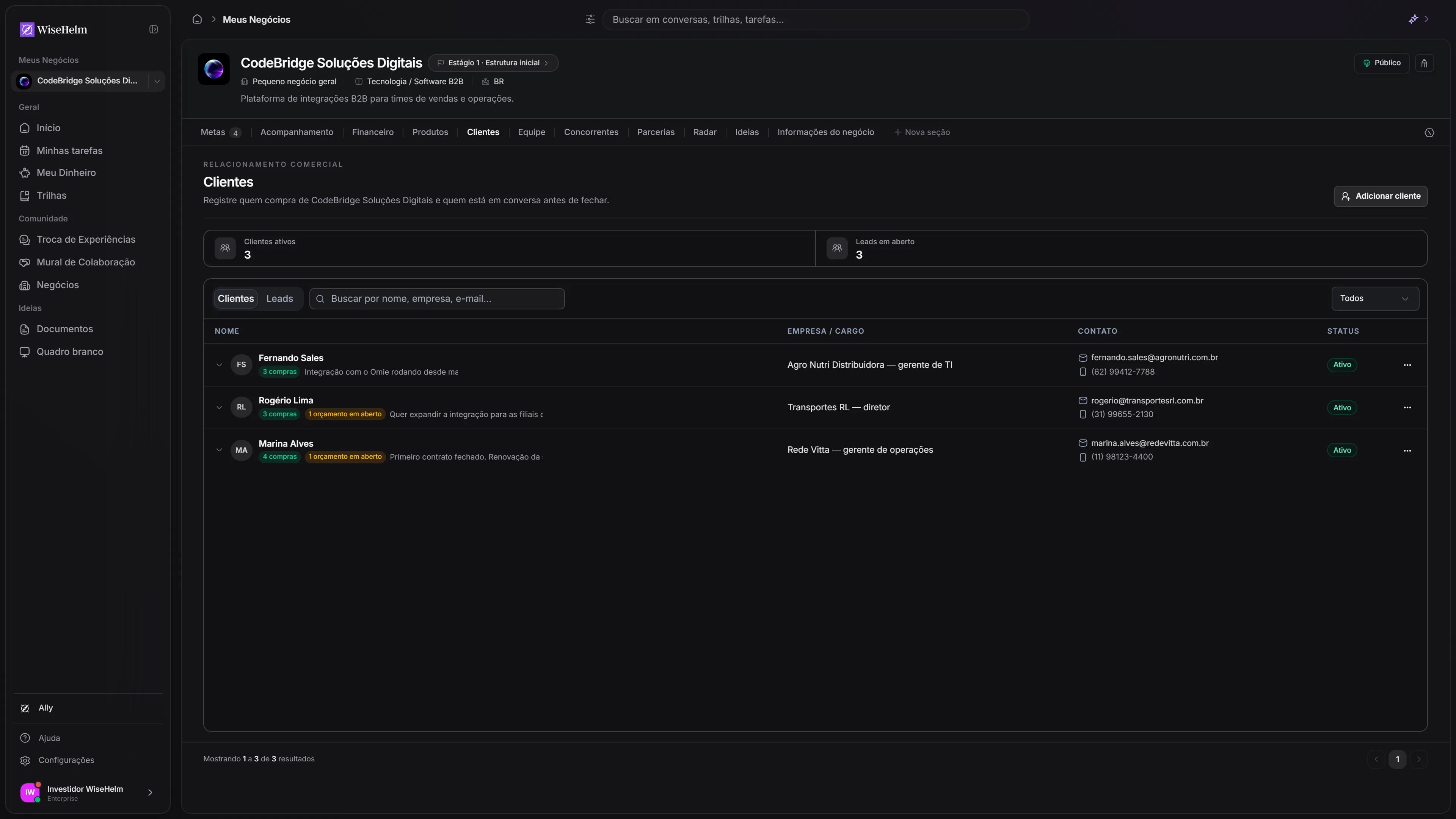Aba Clientes do WiseHelm com a lista de clientes e leads do negócio