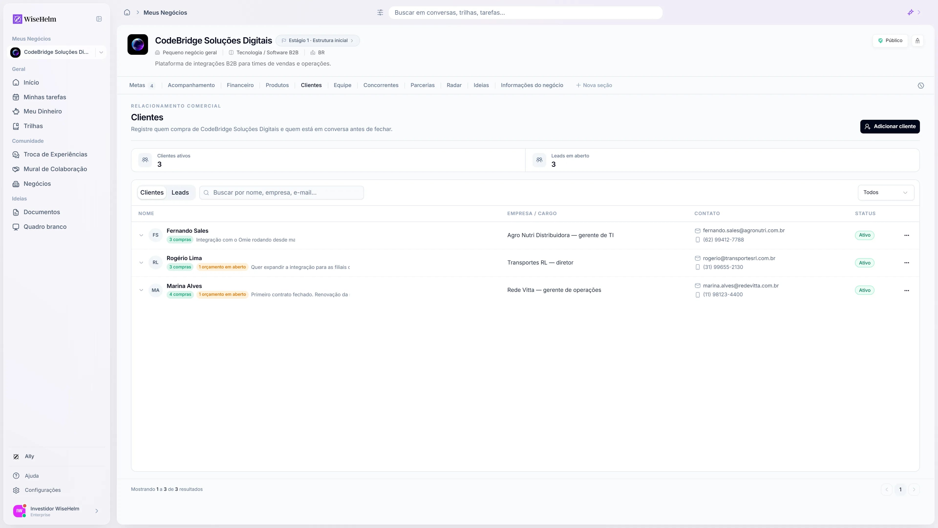 Aba Clientes do WiseHelm com a lista de clientes e leads do negócio
