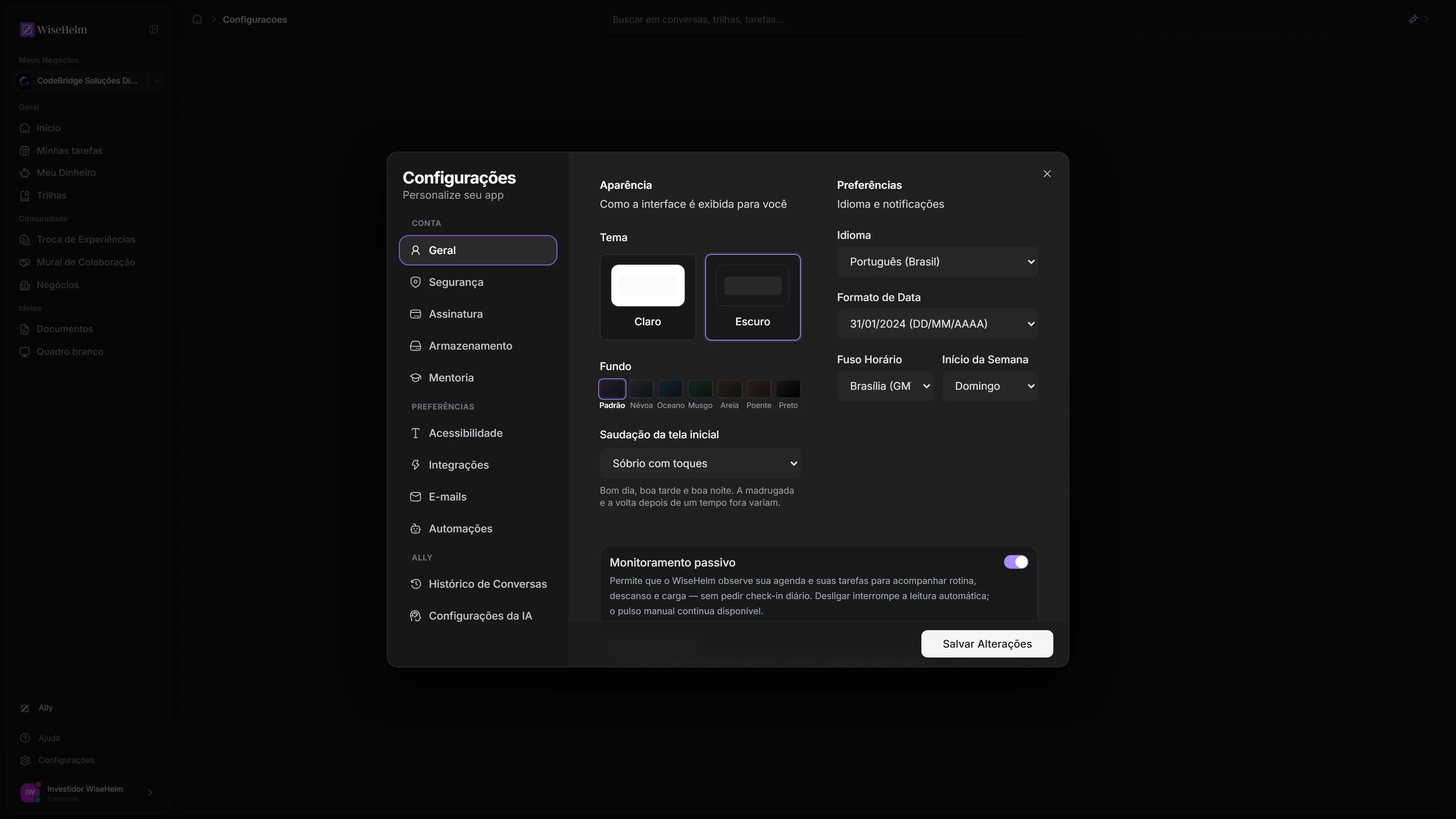 Tela de configurações do WiseHelm com as seções de perfil, aparência e IA