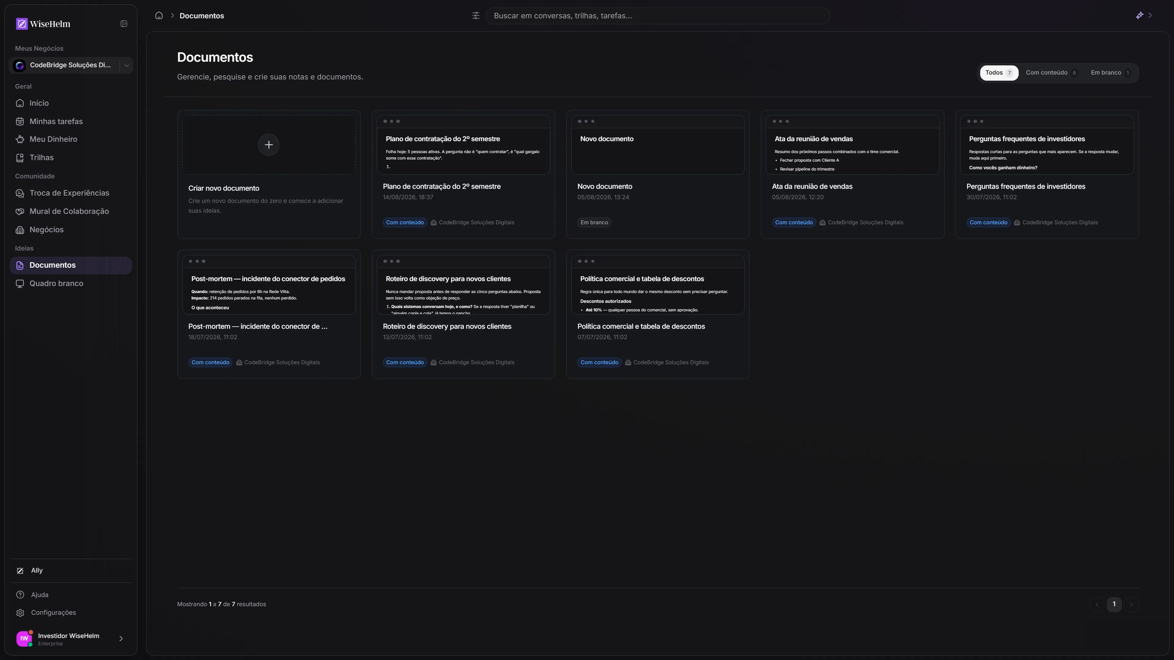 Editor de documentos do WiseHelm com um documento do negócio aberto