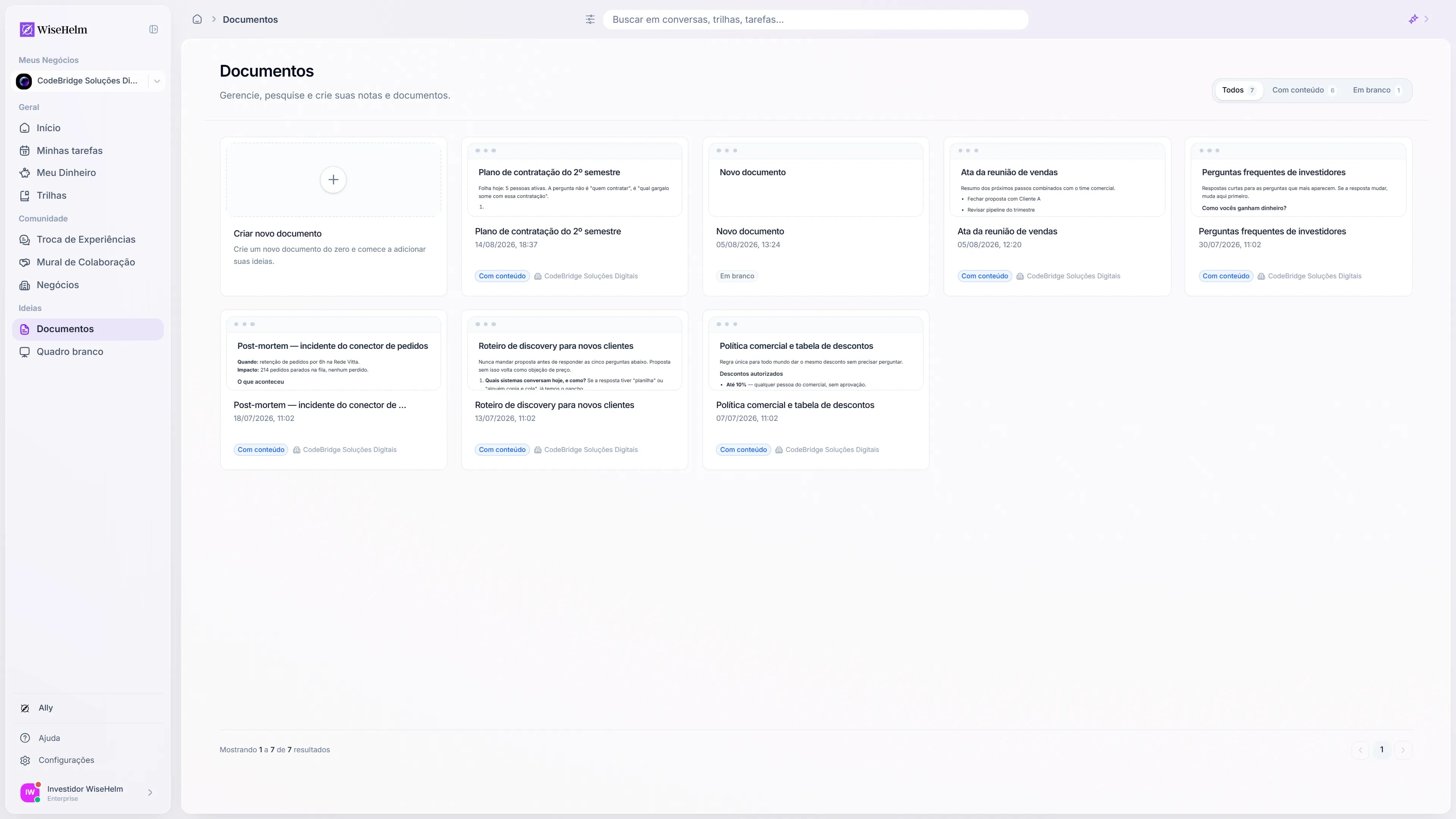 Editor de documentos do WiseHelm com um documento do negócio aberto