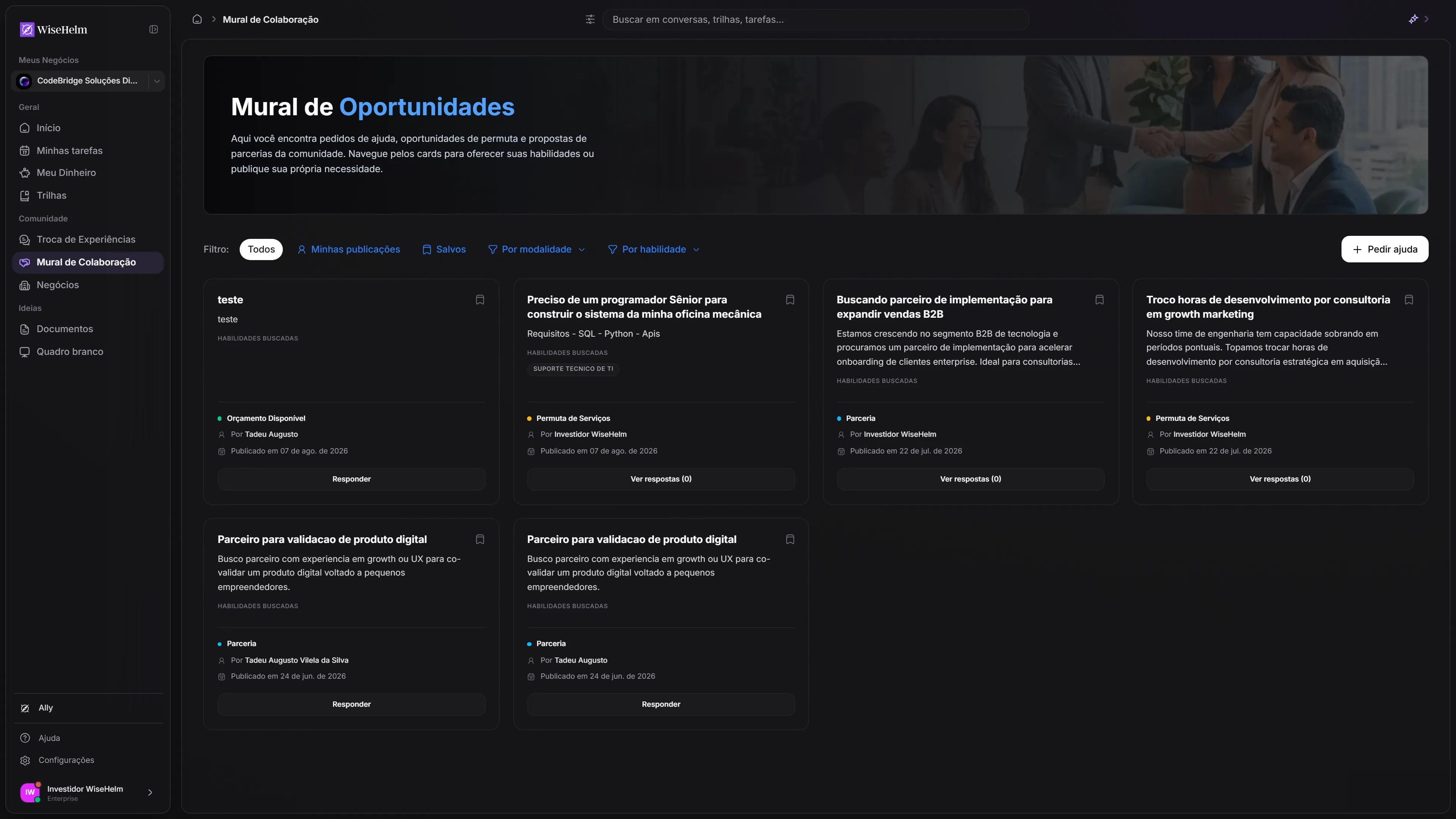 Mural de Colaboração do WiseHelm com oportunidades de parceria entre negócios
